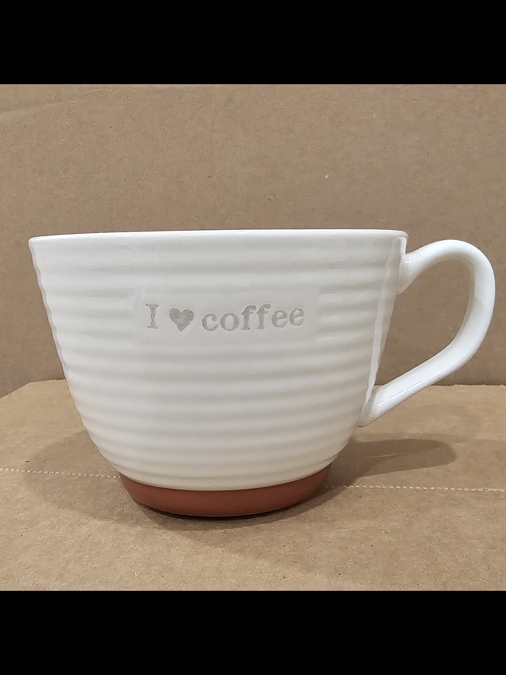 White Ceramic 'I ♥ Coffee' Mug with Terracotta Base